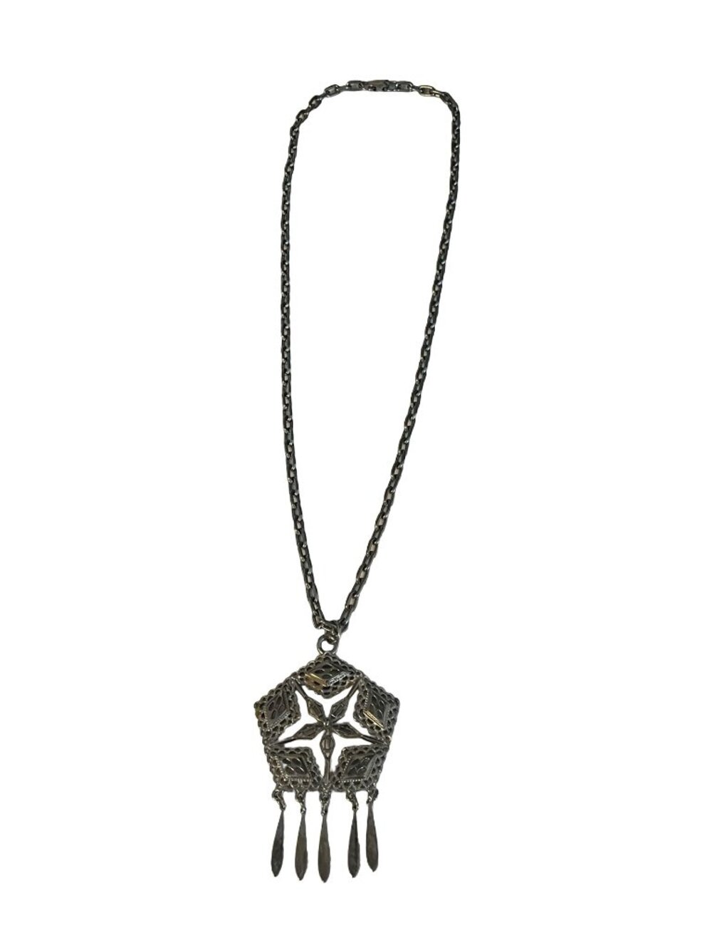 Vintage Filigree Pendant Necklace Silver Tone Dangle Fringe Statement Necklace 2